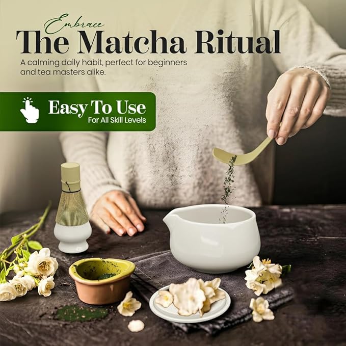 NEXTLUXE Matcha Whisk Set – Matcha Bowl and Whisk Traditional Bamboo Chasen with Ceramic Bowl, Matcha Sets, Matcha Whisk and Bowl, Matcha Starter Kit - Measurement Lines, Spoon & Lid – White