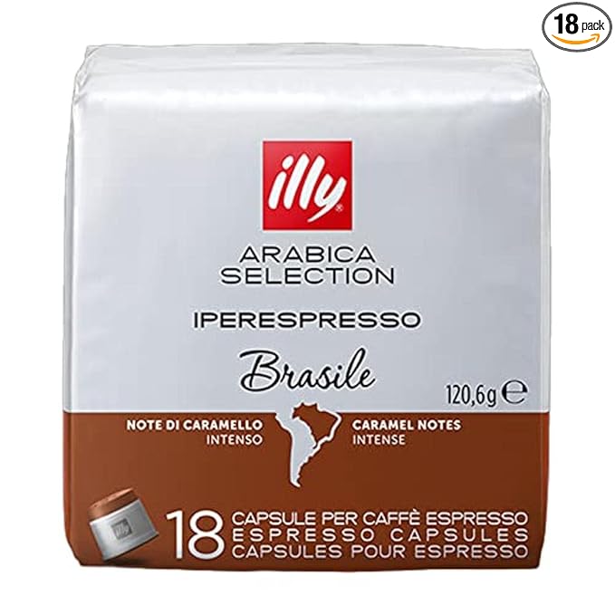illy Coffee, Arabica Selection Brasile Espresso Capsules, Single Origin, Intense Flavor with Notes of Caramel, For Brewing with iperEspresso Capsule Machines, 18 Count (Pack of 1)
