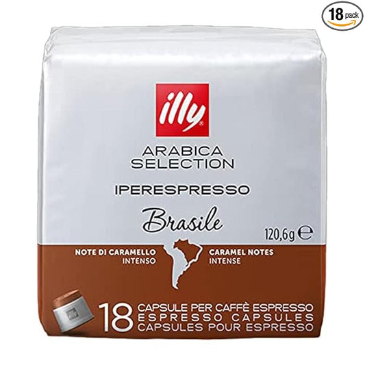 illy Coffee, Arabica Selection Brasile Espresso Capsules, Single Origin, Intense Flavor with Notes of Caramel, For Brewing with iperEspresso Capsule Machines, 18 Count (Pack of 1)