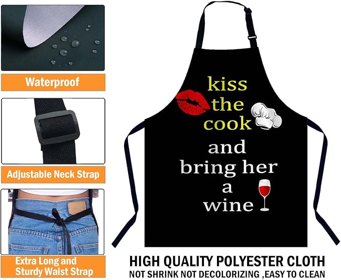 Kiss the Cook and Bring Her a Wine Waterproof Apron Kitchen Chef Aprons Bibs for Grooming Cooking Baking Painting Gardening - Image 3