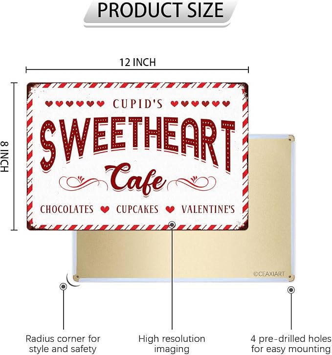 Cupid's Sweetheart Cafe Tin Sign Love Shack Metal Signs Valentine's Day Wall Art Decoration Home Farmhouse Bar Kitchen Cafe Coffee Corner White Day Decor Romantic Gift 12" x 8" - Image 2