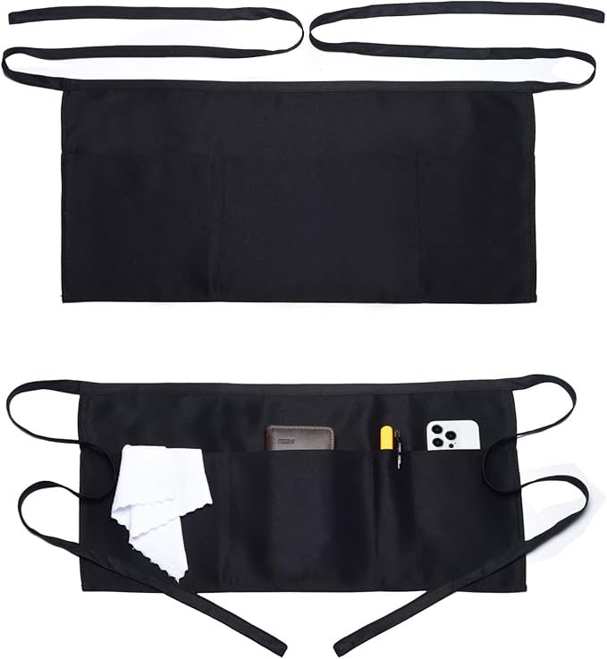 Argstar 2 Pack Server Apron with 4 Pockets, Waitress Waiter Waist WaterDrop Resistant Short Aprons by ArgstarDirect
