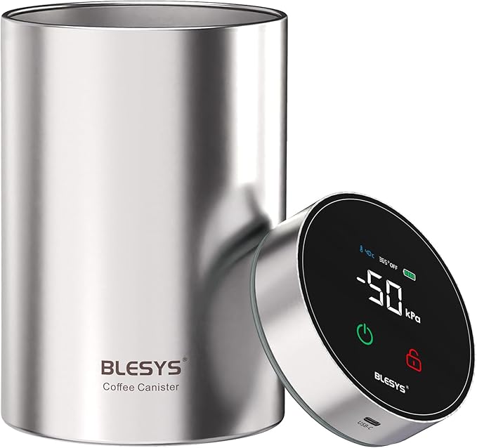 Smart Vacuum Coffee Canister, Automatic Stainless Steel Food Storage Container, LCD Monitoring, One-touch Freshness, Date Tracker, Extra-long Standby Time, Holds 20 oz Coffee Beans (Silver, 1.8L)