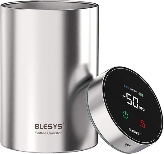 Smart Vacuum Coffee Canister, Automatic Stainless Steel Food Storage Container, LCD Monitoring, One-touch Freshness, Date Tracker, Extra-long Standby Time, Holds 20 oz Coffee Beans (Silver, 1.8L)