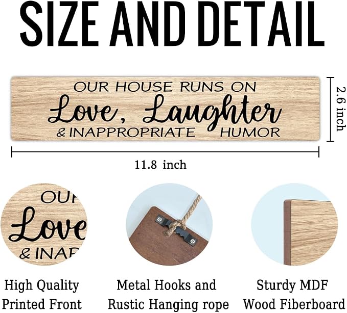 AGMDESIGN Our House Runs On Love Laughter And Inappropriate Humor Wood Sign, Home Wall Decor for Shelf Door, Heartwarming Farmhouse Kitchen Bedroom Hanging Wooden Plaque, New Home Gifts for Friends - Image 2