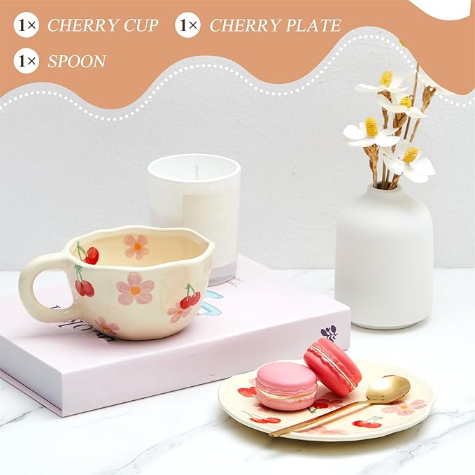 Vesici 1 Set Ceramic Flower Coffee Mug with Saucer Spoon 8.5 oz Vintage Floral Aesthetic Mugs Cute Tea Milk Cup for Women Mom Gift, Dishwasher and Microwave Safe (Classic Style)