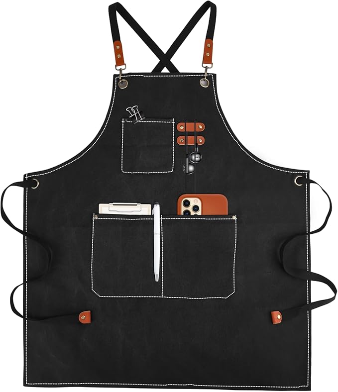 APRONPANDA Cross-Back Chef Aprons for Men Women with Pockets,Cotton Canvas Adjustable Cooking Work Apron for Kitchen
