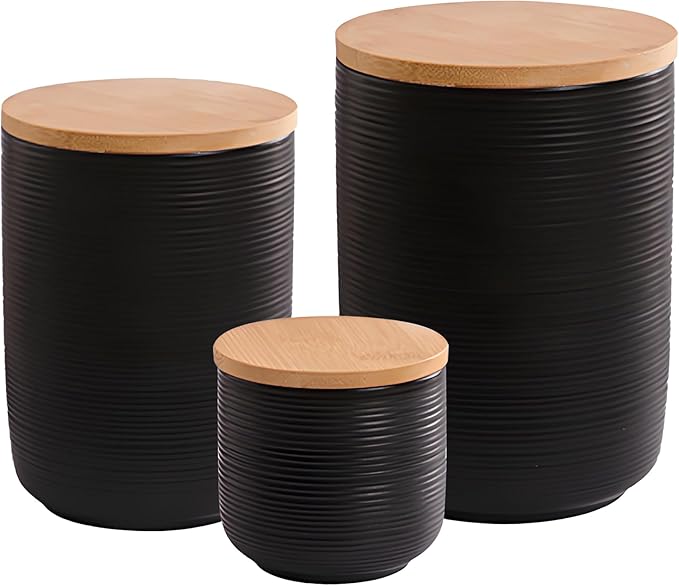Ceramic Canister Set with Airtight Seal Lid, Kitchen Canisters for Countertop, Black Canisters Sets for Flour, Coffee, Bean, Sugar, Tea, Spices and More, Home Decor (Set of 3)