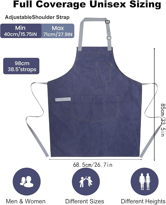 Chef Apron w/Pockets, Adjustable Strap for Cooking & Gardening | Equipped with 3 Large Multi-use Pockets, Wear-Resistant Fabric, Easy Clean, Ideal for BBQ Baking Craft for Men Women - Image 4
