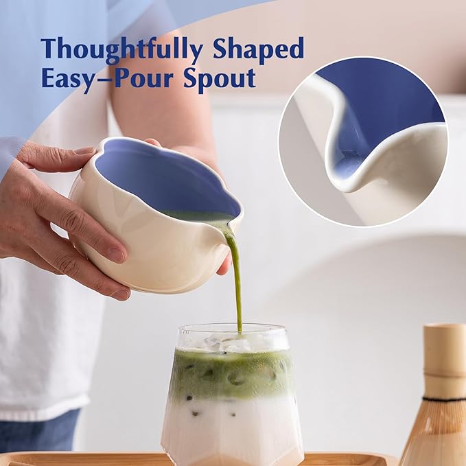 Matcha Set, 8Pcs Floral Ceramic Matcha Kit with Matcha Whisk, Holder, Scoop, Scoop Rest, Sifter, Spoon and Tea Towel - Thoughtful Matcha Whisk Set Gift for Matcha Lovers (Beige & Blue)