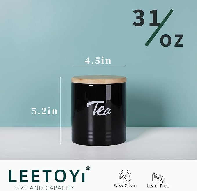 LEETOYI Porcelain Food Storage Containers with Lid, 4.5 Inch 31oz, Black Labeled Tea