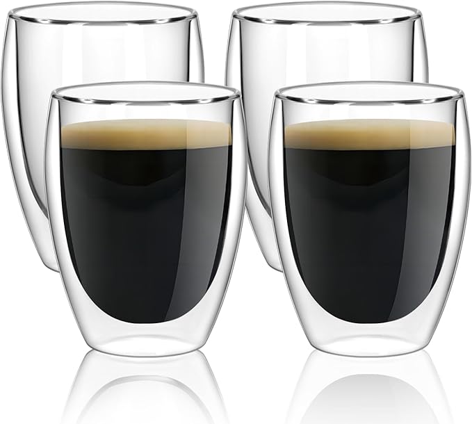 12oz Glass Coffee Mugs Set of 4, Double Walled Espresso Cups for Latte Cappuccino Cocoa Milk Cafe Juice, Clear Glass Tea Cup Set Glassware Gift for Christmas Birthday (12oz-4Pack)