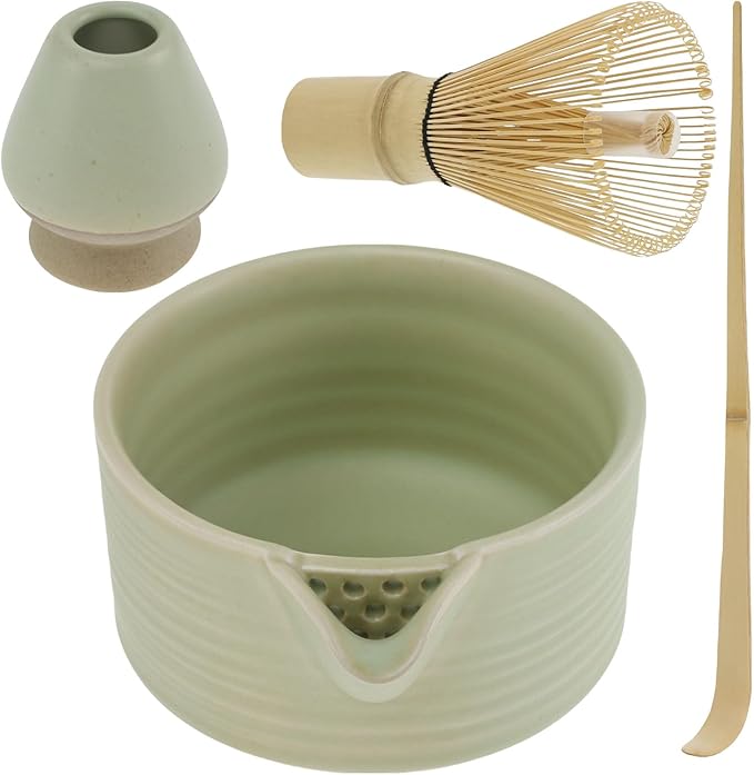 4Pcs Matcha Whisk Set, Matcha Set, Matcha Whisk and Bowl, Matcha Whisk Holder, Japanese Matcha Tea Set, Ceramic Matcha Bowl with Pouring Spout for Tea Lovers Matcha