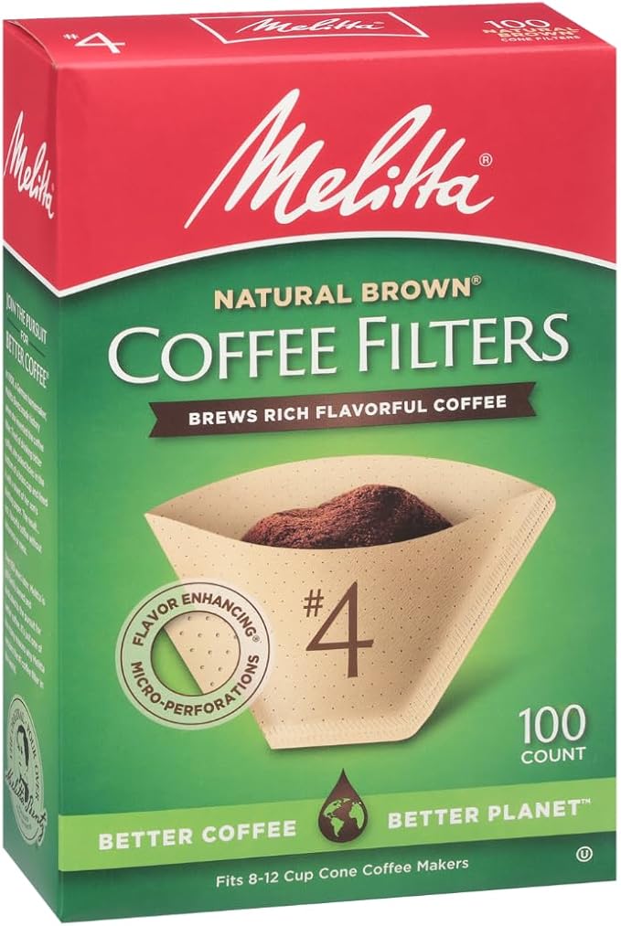 Melitta #4 Cone Coffee Filters, Natural Brown, 100 Count (Pack Of 6), 600 Total Filters - Fits all 8-12 Cup Cone Coffee Makers and Pour-Overs, Compostable, Tear-Resistant