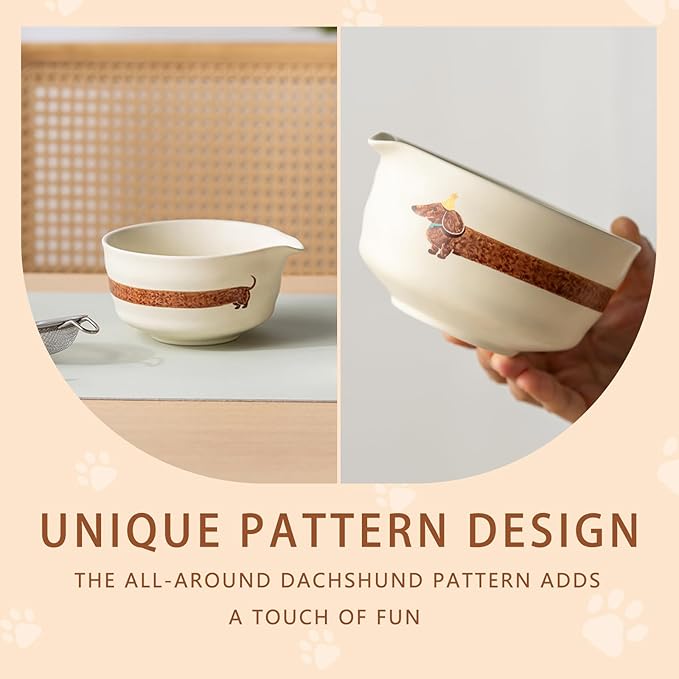 Matcha Set with Dog Pattern, Japanese Matcha Whisk Set Includes Matcha Bowl with Spout, Whisk Holder, Bamboo Whisk and Scoop, Matcha Sifter, 17 oz Ceramic Matcha Kit for Tea Lovers (Beige)