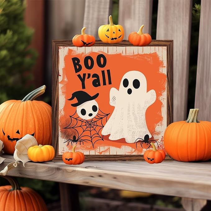 Vintage Halloween Cute Ghosts Boo Y'all Wooden Sign 7.87x7.87 Inch, Halloween Wall Art Wooden Sign For Bathroom, Cafe, Bar, Office Hanging Decor - Image 7