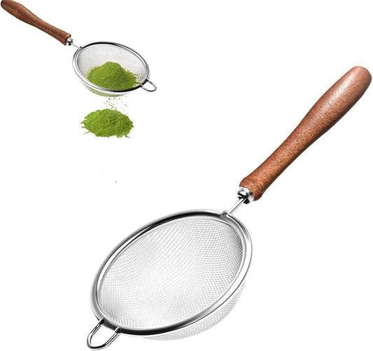 Matcha Sifter - Precision 30-Mesh Stainless Steel Fine Powder Strainer, 3-Inch Small Metal Sieve for Tea Ceremony & Cocoa, Hand Wash Recommended(Natural Wood Handle)