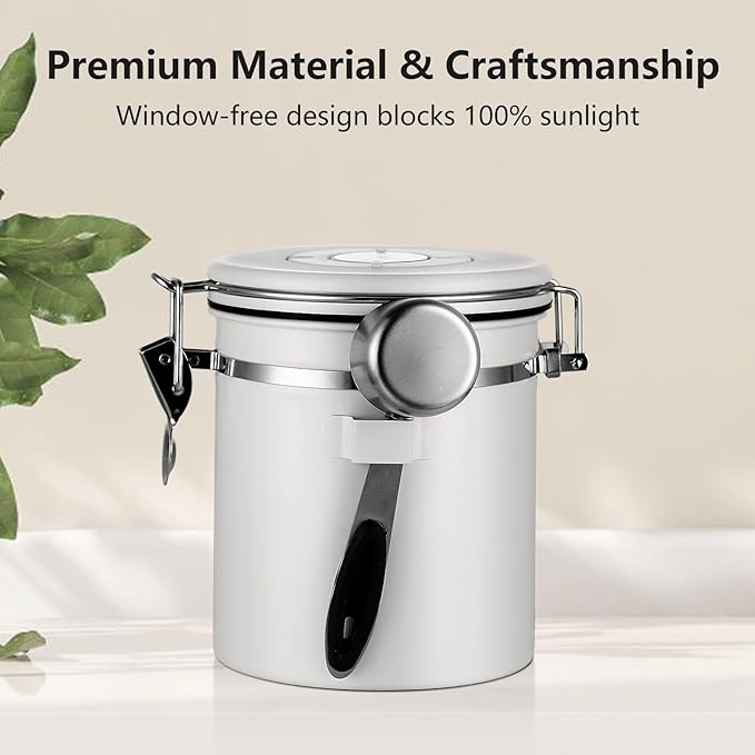 Bincoo Coffee Canister, Airtight Stainless Steel Coffee Bean Storage Container with Date Tracker, Home Kitchen Food Storage Organizers for Grounds,Beans,Espresso,Sugar,Scoop,Bar (1200ML-White)