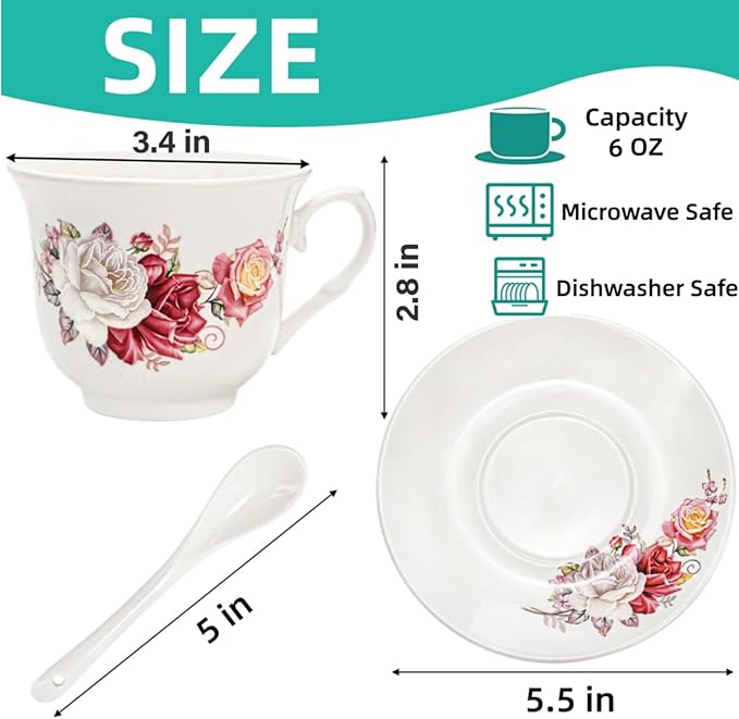 Tea Cups and Saucers Set of 6, 6 Oz Porcelain Floral Tea Cups with Spoon, Bone China Coffee Cup Saucer Gift Set for Cappuccino, Espresso, Latte, Cafe Mocha, Microwave Safe
