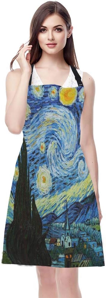 WONDERTIFY Classic Arts Starry Night Apron,Oil Paniting Bib Apron with Adjustable Neck for Men Women,Suitable for Home Kitchen Cooking Waitress Chef Grill Bistro Baking BBQ Apron