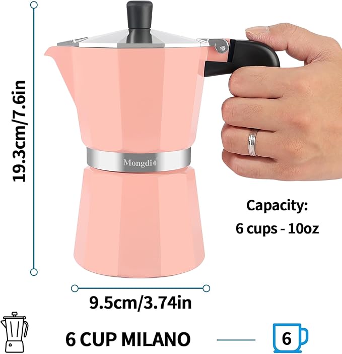 Mongdio Stovetop Espresso Maker Moka Pot, Stove Top Cuban Coffee Maker, Italian Greca Mocha Pot, 6 Espresso Cups, 10 oz - Pink