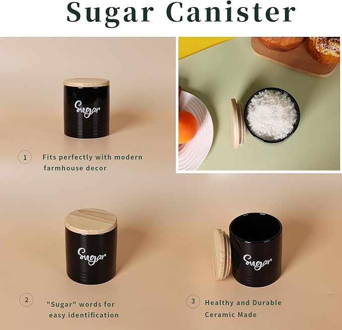 LEETOYI Porcelain Food Storage Containers with Lid, 4.5 Inch 31oz, Black Labeled Sugar