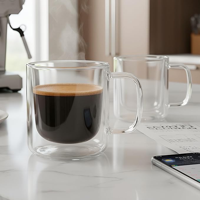 Aquach 2-Pack Double Walled Insulated 8oz Glass Coffee Mugs with Handle - Ideal for Espresso, Latte, Americano, and Cappuccino