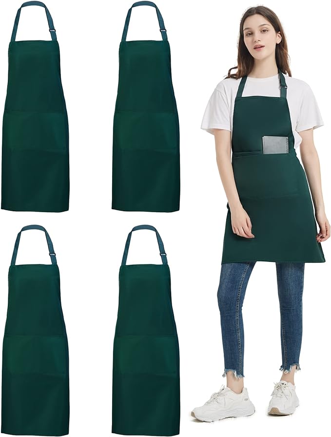 4 Pack Chef Apron, Waterproof Apron, Adjustable Apron with 2 Pockets for Men Women, Apron for Cooking Baking Restaurant(Green) by loteaf