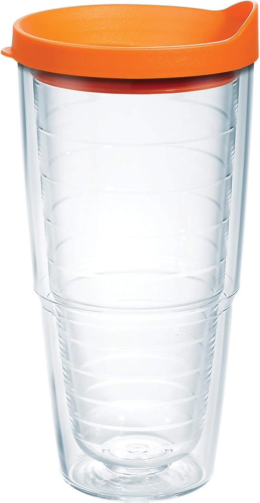 Tervis Clear & Colorful Lidded Made in USA Double Walled Insulated Tumbler Travel Cup Keeps Drinks Cold & Hot, 24oz, Orange Lid