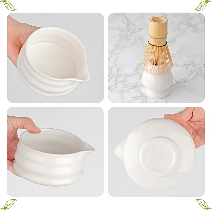 Matcha Whisk Set- Matcha Set includes Matcha Whisk and Bowl with Spout, Sifter, Holder and Scoop- The Perfect Bamboo Whisk for Matcha Tea (White)