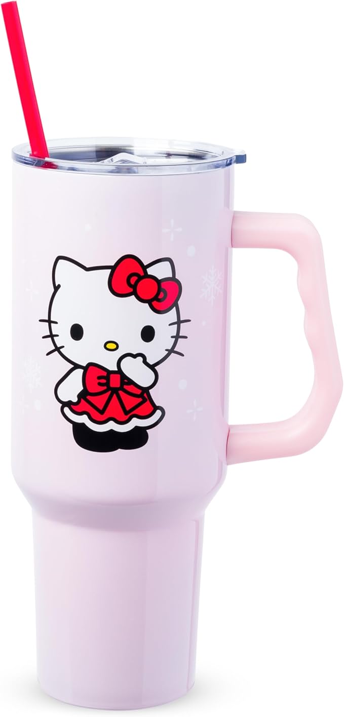 Silver Buffalo Sanrio Hello Kitty Christmas Holiday Dress and Matching Bow Snowflakes Double Walled Stainless Steel Tumbler with Handle and Straw, Fits in Standard Cup Holder, 40 Ounces