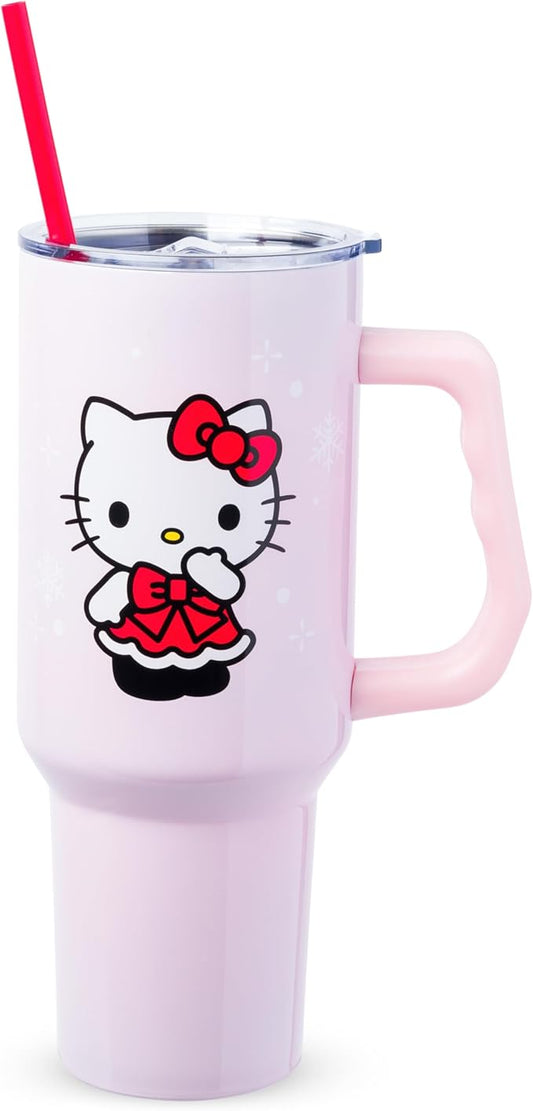 Silver Buffalo Sanrio Hello Kitty Christmas Holiday Dress and Matching Bow Snowflakes Double Walled Stainless Steel Tumbler with Handle and Straw, Fits in Standard Cup Holder, 40 Ounces