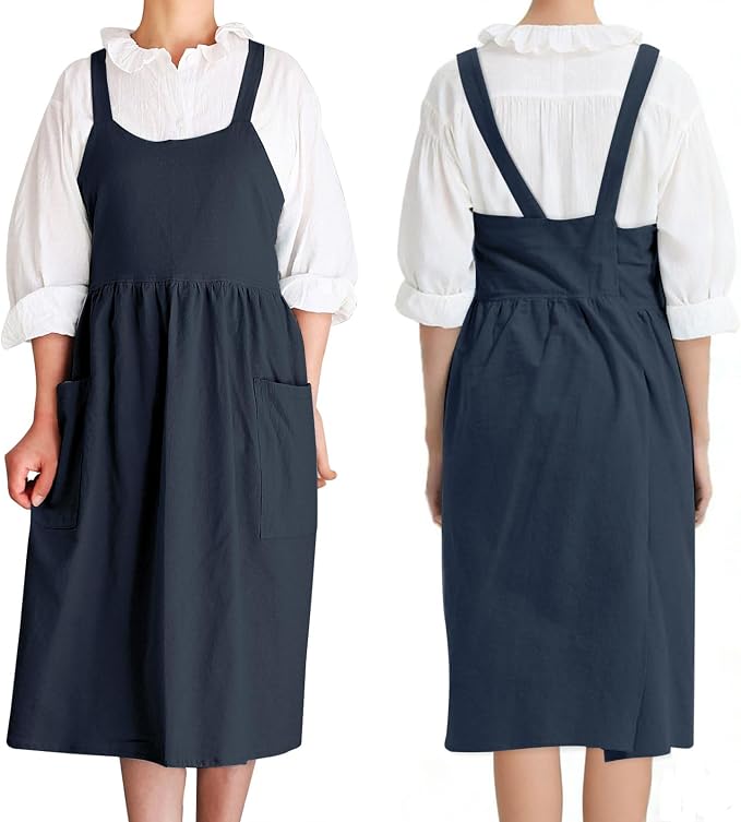 Cotton Linen Cross Back pinafore Apron Dress for Women with Pockets for Cooking Cleaning - Crossback Apron - Blue - without Waist Ties - Image 2