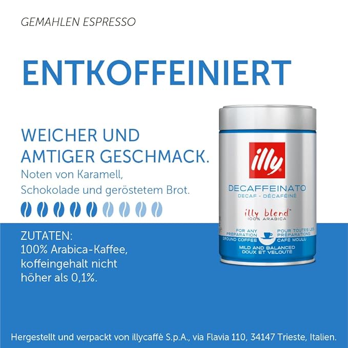 illy Ground Coffee Espresso - 100% Arabica Coffee Ground – Classico Decaf Roast - Notes of Caramel, Toasted Bread & Chocolate - Rich Aromatic Profile - No Preservatives – 8.8 Ounce