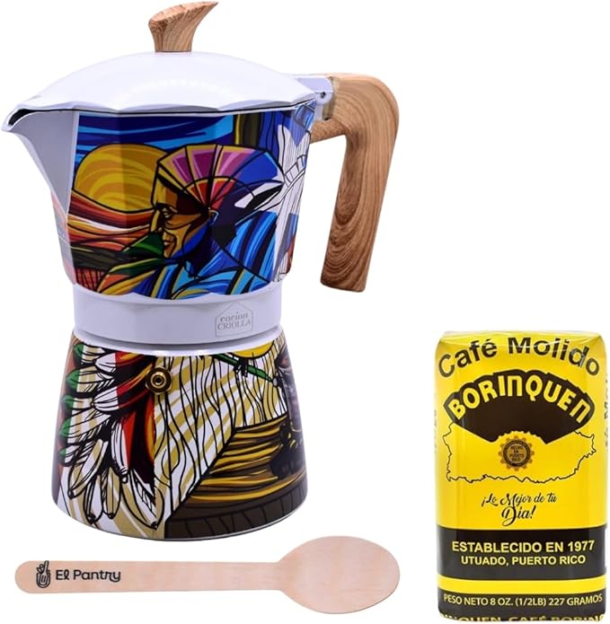 Puerto Rico Greca de Cafe Gift Set | Boricua Art Stovetop Coffee Maker & Moka Pot | with Authentic Cafe Borinquen | Cafetera, 6 Espresso Cups (Cafe Borinquen)
