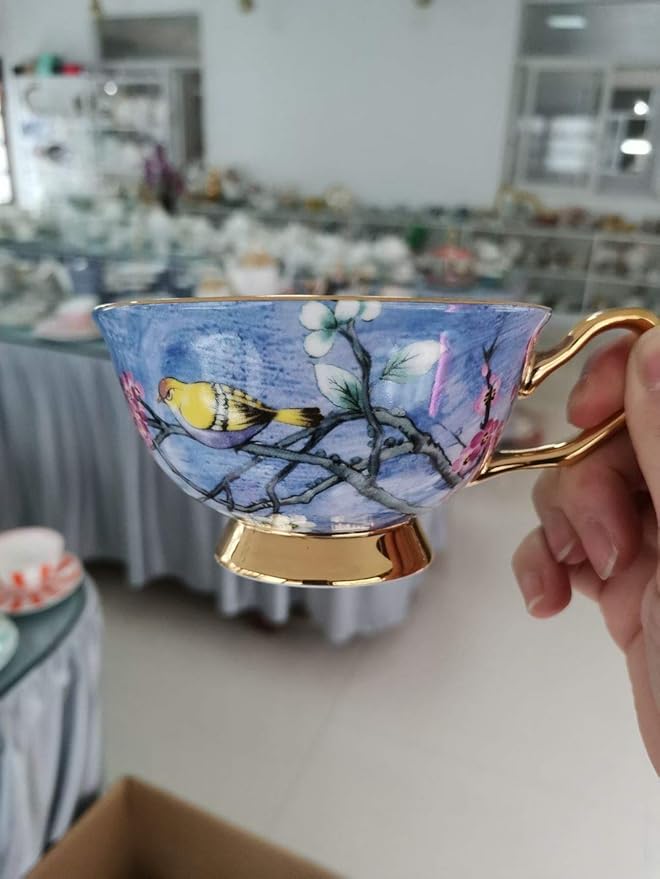 YBK Tech Euro Style Cup& Saucer Set Art Bone China Ceramic Tea Coffee Cup for Breakfast Home Kitchen- Birds and Trees Patterns (Bright Blue)
