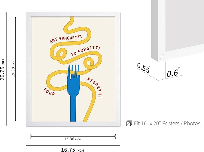 Poster Master Spaghetti Poster - Eat Spaghetti To Forgetti Your Regretti Print - Food & Drink Art - Gift for Chef, Cook - Fun Decor for Restaurant, Kitchen, Dining Room, 16x20 White Framed