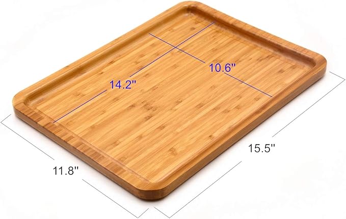 Bamber Large Size Bamboo Serving Tray, Rectangular, 15.5 x 11.8 x 0.8 Inches