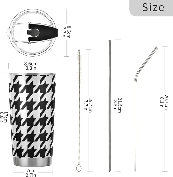 Tumbler Houndstooth Black White Insulated Coffee Cup Beverage Container Travel Mug with Straw and Lid Double Wall Stainless Steel 20oz BPA-Free for Sport, Back to School