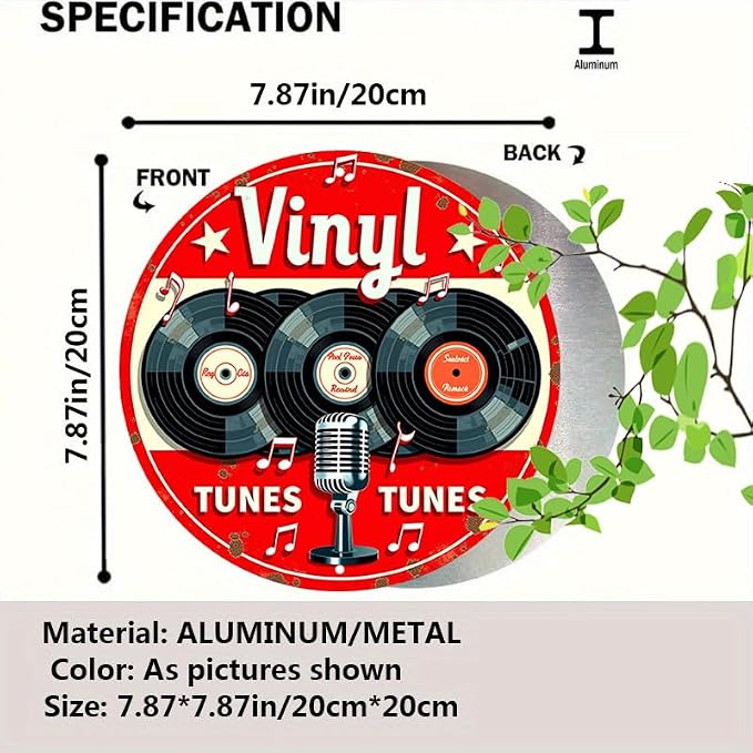 1pc Vintage Aluminum Metal Sign - Vinyl Tunes Round Wall Art - Classic Records & Retro Microphone Design - Ideal for Bar, Cafe, Music Room Decor - 7.8" Diameter - Image 5