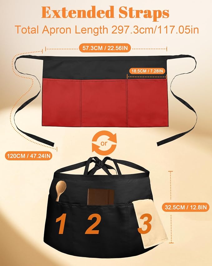 Slohif Reversible Server Apron 6 Pockets - Waist Apron for Waitress Women Half Serving Short Apron for Waiter - Image 2