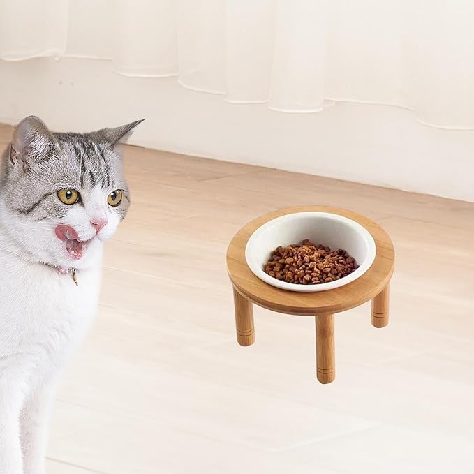 Elevated Cat Bowl Ceramic Bowl Feeder Bamboo Wood Stand Whisker Water Assembly Suitable for Indoor Feeding Pet Owne, 18cmx18cmx12cm