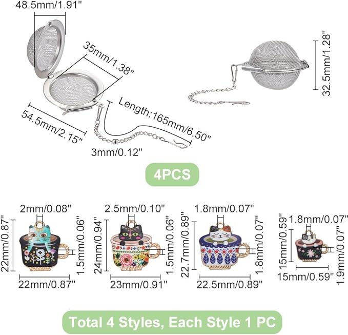UNICRAFTALE 4 Sets 304 Stainless Steel Loose Leaf Tea Ball Mesh Tea Strainer with Alloy Enamel Pendants Round Tea Strainer Set with Cat Cup Pendant for Brew Tea, Spices & Seasoning