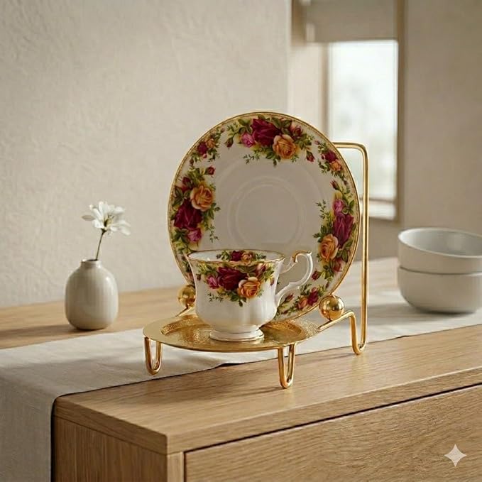 HOHIYA 6 Piece Cup and Saucer Display Stan Decorative Teacup and Coffee Mug Rack Organizer Gold Finish Compact Tabletop Display for China Tea Cups Plates and Dishware