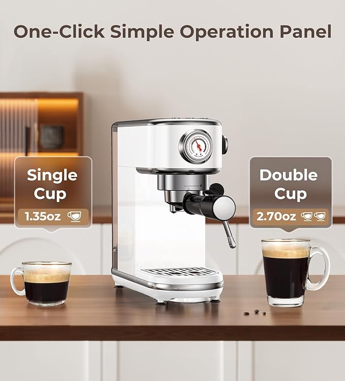 20 Bar Espresso Machine with Milk Frother, Professional Compact Espresso Maker, Stainless Steel Coffee Machine with Precise Temp Control & 44oz Removable Water Tank for Latte, Cappuccino, White