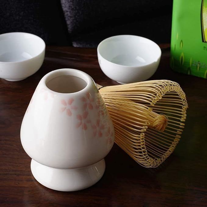Matcha Tools ，Matcha Whisk Holder， Matcha Chasen Whisk Stand ，Ceramic Holder ，Matcha Bowl ，Traditional Japanese Tea Ceremony Starter (Cherry blossom Ceramic Holder，Whisk ， 4 set)