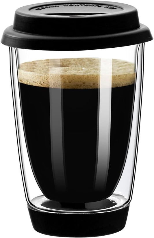 Double Walled Glass Coffee Mugs, Glass Coffee Cugs with Silicone Lid 12OZ, Insulated Coffee Mug, Clear Coffee Mug for Travel/Kitchen(Black)