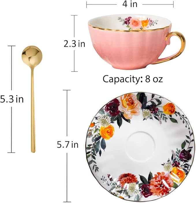 ONEUSTAR Tea Cup and Saucer Set for 2 Bone China English Tea Cup Floral Teacups Coffee Latte Mugs for Mother's Day Women Birthday Party Gifts, 8 Oz