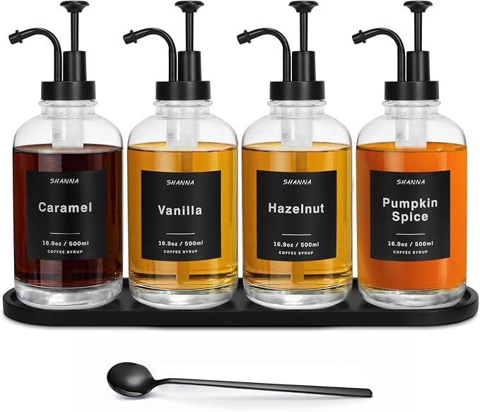 Coffee Syrup Dispenser for Coffee Bar, 16.9oz 500ml Glass Syrup Dispenser w Black Coffee Scoop, Coffee Syrup Pump Dispenser w 36 Labels and Bamboo Tray, Coffee Syrup Bottles with Black Pump, 4PCS by SHANNATOYS