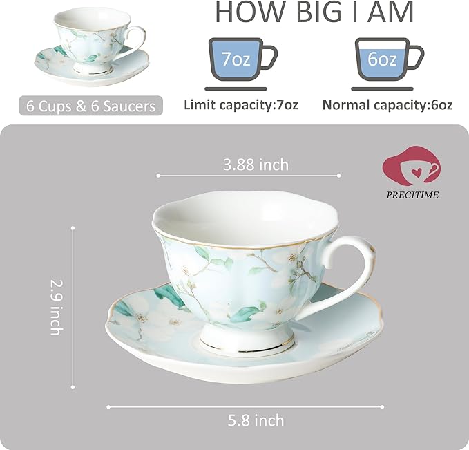 Porcelain Tea Cup and Saucer Set of 6 (12-Piece) – Ceramic 6oz Embossed Floral Cups with Gold Trim, Elegant Set for Afternoon Tea & Gifting